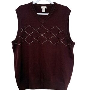 Mens XL Argyle V Neck Sweater Vest Burgundy Acrylic Sleeveless